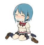  1girl black_legwear blue_hair bow chibi crying hair_ornament hairclip mahou_shoujo_madoka_magica miki_sayaka pleated_skirt school_uniform sitting skirt solo tsuzuya_(knt31) white_background 