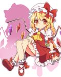  1girl ascot blonde_hair blush bow flandre_scarlet hat hat_bow red_eyes side_ponytail solo touhou wings wrist_cuffs yuria_(kittyluv) 