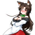  1girl animal_ears bare_shoulders blush brown_hair collar dress fukaiton imaizumi_kagerou leash long_hair long_sleeves red_eyes simple_background solo tail touhou white_background wolf_ears wolf_tail 
