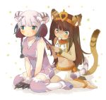  :3 animal_ears bastet_(p&amp;d) blush braiding_hair brown_hair cat_ears cat_hair_ornament cat_tail chinese_clothes claws dark_skin earrings eating egyptian_clothes food foomi green_eyes hair_ornament hairdressing haku_(p&amp;d) jewelry midriff mouth_hold navel paws puzzle_&amp;_dragons skirt tail thigh-highs tiger_tail white_hair zettai_ryouiki 