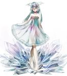  1girl barefoot blue_hair closed_eyes crystal dress eim_(gaziko) halo long_hair original smile solo 