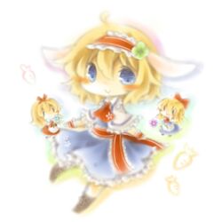  3girls alice_margatroid animal_ears blonde_hair blue_eyes blush bow bunny_tail carrot chibi clover doll flower hair_bow hairband hourai_doll long_hair multiple_girls open_mouth rabbit_ears ribbon shanghai_doll short_hair smile tail touhou yasiro |_| 