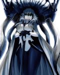  1girl bodysuit breasts cape gloves hat kantai_collection large_breasts masao monster pale_skin personification shinkaisei-kan silver_hair simple_background solo staff white_background wo-class_aircraft_carrier 