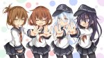  4girls akatsuki_(kantai_collection) black_hair blue_eyes brown_eyes brown_hair circle_garbage folded_ponytail hat hibiki_(kantai_collection) highres ikazuchi_(kantai_collection) inazuma_(kantai_collection) jewelry kantai_collection long_hair multiple_girls open_mouth pantyhose personification ring school_uniform serafuku short_hair skirt smile wedding_ring 