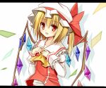  1girl ascot blonde_hair bust flandre_scarlet hat letterboxed long_sleeves looking_at_viewer open_mouth red_eyes side_ponytail smile solo touhou wings yuuhagi_(amaretto-no-natsu) 