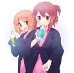  2girls blush bottle drinking green_eyes japanese_clothes multiple_girls open_mouth orange_hair red_eyes redhead sakura_trick short_hair simple_background sonoda_yuu takayama_haruka tarabagani twintails white_background 