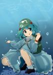  1girl absurdres backpack bag blue_hair bracelet bubble dress hair_bobbles hair_ornament hands_up hat highres jewelry kawashiro_nitori key legs long_sleeves omotin open_mouth pocket shirt shoes short_hair skirt skirt_set smile socks solo sunbeam sunlight touhou twintails underwater watch watch wet wet_clothes 