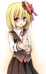  1girl adapted_costume blonde_hair cup dress_shirt fang hair_ribbon looking_at_viewer necktie open_mouth red_eyes ribbon rumia shirt short_hair skirt solo steam touhou vest yuuhagi_(amaretto-no-natsu) 