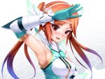  1girl aqua_gloves arm_up armpits blush bust elbow_gloves eto gloves hex_grid long_hair looking_at_viewer open_mouth orange_hair phantasy_star phantasy_star_online_2 quna_(pso2) red_eyes solo sweat twintails 