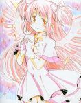  1girl blush bow breasts choker cleavage collarbone dress gloves goddess_madoka hair_bow hands_together interlocked_fingers long_hair looking_at_viewer mahou_shoujo_madoka_magica pink_hair short_sleeves smile solo soul_gem sparkle standing takeshisu traditional_media two_side_up very_long_hair wings 