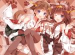  ahoge animal_ears bare_shoulders brown_hair detached_sleeves hairband hiei_(kantai_collection) japanese_clothes kantai_collection kemonomimi_mode kongou_(kantai_collection) long_hair mog_(artist) multiple_girls open_mouth paw_print personification short_hair skirt smile tail thigh-highs 