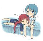  2girls ? bed blue blue_eyes blue_hair blush chibi drooling flying_sweatdrops long_hair mahou_shoujo_madoka_magica miki_sayaka multiple_girls pajamas redhead sakura_kyouko short_hair sleeping text tsuzuya_(knt31) white_background 