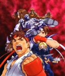  arm_blade bald bodysuit brown_hair capcom dark_skin dhalsim doctrine_dark edayan flying_kick glowing glowing_eyes headband kasugano_sakura kicking official_art ryuu_(street_fighter) school_uniform serafuku skullomania street_fighter street_fighter_ex weapon 