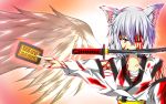  1girl alternate_costume angry animal_ears bare_shoulders blood breasts card detached_sleeves highres injury inubashiri_momiji katana looking_at_viewer red_eyes sarashi short_hair silver_hair solo spell_card sword touhou weapon wings wink wolf_ears 