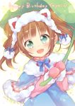  1girl animal_ears blue_dress brown_hair capelet cat_ears dress ech fake_animal_ears green_eyes happy_birthday idolmaster idolmaster_cinderella_girls leaf_umbrella long_sleeves looking_at_viewer mittens open_mouth smile solo takatsuki_yayoi twintails winter_clothes 