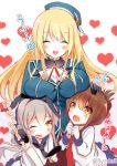  3girls atago_(kantai_collection) beret black_gloves blonde_hair blush breast_press brown_hair closed_eyes fur_trim gloves hairband hat heart inazuma_(kantai_collection) kantai_collection long_hair long_sleeves multiple_girls necktie patting_head school_uniform serafuku shimakaze_(kantai_collection) short_hair silver_hair sleeveless translation_request wink yadapot yellow_eyes 