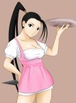  1girl antenna_hair apron black_eyes black_hair breasts cleavage dress hand_on_hip high_ponytail highres ibuki kunai long_hair morokoshi_wataro puffy_short_sleeves puffy_sleeves short_sleeves solo street_fighter tray waitress weapon 