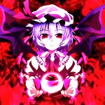  1girl ascot bat_wings bow colorful hat hat_bow highres kotaroukuroo lavender_hair looking_at_viewer mob_cap puffy_sleeves red red_eyes remilia_scarlet shirt short_sleeves smile solo touhou wings 