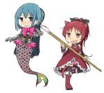  +_+ 2girls animal_ears armor bare_shoulders blue_eyes blue_hair boots bow cat_ears cat_tail chibi crying detached_sleeves dress fang hair_bow magical_girl mahou_shoujo_madoka_magica mermaid miki_sayaka monster_girl multiple_girls polearm ponytail red_dress red_eyes redhead sakura_kyouko spear spoilers tail thigh-highs tsuzuya_(knt31) weapon white_background 