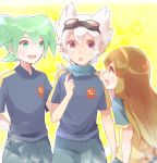  1girl 2boys brown_eyes brown_hair fei_rune goggles goggles_on_head green_eyes green_hair hairband inazuma_eleven inazuma_eleven_(series) inazuma_eleven_go inazuma_eleven_go_chrono_stone long_hair moyuchocolats multiple_boys nanobana_kinako open_mouth raimon saryuu_evan star tagme violet_eyes white_hair 