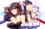  2girls arm_behind_head bare_shoulders black_hair blue_eyes breasts bust cleavage collarbone detached_sleeves dress highres kill_la_kill kiryuuin_satsuki large_breasts looking_at_viewer matoi_ryuuko multicolored_hair multiple_girls pose scissor_blade smile strapless_dress streaked_hair umakatsuhai veil 