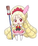  1girl bakusai blonde_hair blonde_haired_cure_(merci_precure)_(happinesscharge_precure!) boots bowtie brooch broom chibi earrings hairband happinesscharge_precure! jewelry long_hair magical_girl pink_skirt precure red_eyes ringlets skirt smile solo standing thigh-highs thigh_boots very_long_hair white_background white_legwear 