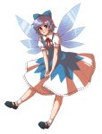  1girl blue_eyes blue_hair bow cirno dress fairy fairy_wings hair_bow highres looking_at_viewer mary_janes paigeling pointy_ears puffy_short_sleeves puffy_sleeves shoes short_hair short_sleeves smile socks solo touhou transparent_background wings 