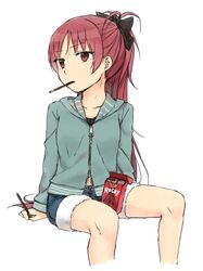  1girl bow cutoffs denim denim_shorts hair_bow hoodie mahou_shoujo_madoka_magica pocky ponytail red_eyes redhead shorts sitting solo tsuzuya_(knt31) white_background 