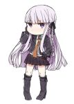  1girl black_gloves blazer boots bow braid chibi dangan_ronpa gloves hair_bow kirigiri_kyouko looking_at_viewer necktie pink_eyes pink_hair pleated_skirt single_braid skirt solo standing tsuzuya_(knt31) white_background 