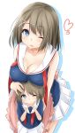  2girls blue_eyes breast_rest breasts brown_hair cleavage commentary_request hair_ornament hairclip heart highres if_they_mated kantai_collection leaning_forward looking_at_viewer maya_(kantai_collection) mother_and_daughter multiple_girls neckerchief open_mouth saku_(kudrove) short_hair skirt wink 