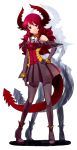  1girl armor armored_dress borrowed_character bracelet breasts daizan_(mount_position) demon_girl demon_horns demon_tail elbow_gloves full_body gloves hand_on_hip horns jewelry long_hair maou_beluzel original pantyhose red_eyes redhead shadow skirt smile solo tail yuusha_to_maou 
