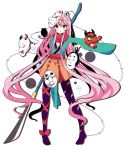  1girl akiposo2580 alternate_costume fox_mask hata_no_kokoro highres long_hair mask naginata no_shoes noh_mask oni_mask pantyhose pink_hair polearm purple_legwear red_eyes scarf touhou very_long_hair weapon wide_sleeves 