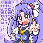  1girl :o blush clenched_hand cure_fortune earrings guardias hair_ornament happinesscharge_precure! heart_hair_ornament hikawa_iona jewelry long_hair magical_girl necktie pointing precure purple_background purple_hair solo translated tsundere violet_eyes 
