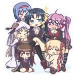  &gt;_&lt; 6+girls black_hair blonde_hair blue_hair blush brown_hair cape chair crossed_legs hair_bobbles hair_ornament hairband hairclip harem hat kamikita_komari kurugaya_yuiko little_busters!! multiple_girls natsume_rin nishizono_mio noumi_kudryavka purple_hair ribbon saigusa_haruka school_uniform sitting socks striped striped_legwear thigh-highs white_background white_hair 