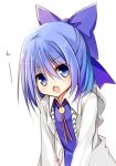  1girl blue_eyes blue_hair bow bust cirno contemporary hair_bow jacket jacket_removed looking_at_viewer open_mouth solo touhou yuuhagi_(amaretto-no-natsu) 
