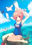  1girl ahoge armpits arms_up barefoot blush breasts cat cleavage clouds i-58_(kantai_collection) izumiyuhina kantai_collection looking_at_viewer panties personification pink_hair red_eyes school_swimsuit school_uniform serafuku short_hair sky solo swimsuit torpedo underwear 