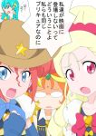  bindi blonde_haired_cure_(merci_precure)_(happinesscharge_precure!) cowboy_hat earrings forehead_jewel glasses happinesscharge_precure! hat highres jewelry maimai251 orange_haired_cure_(wonderful_net_precure)_(happinesscharge_precure!) precure red_haired_cure_(bomber_girls_precure)_(happinesscharge_precure!) translation_request 