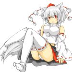  1girl animal_ears ayyh bare_shoulders blush breasts detached_sleeves hand_on_own_chest hat inubashiri_momiji large_breasts looking_at_viewer panties pantyshot pom_pom_(clothes) red_eyes short_hair silver_hair simple_background sitting skirt tail tokin_hat touhou underwear white_background white_legwear white_panties wolf_ears wolf_tail 