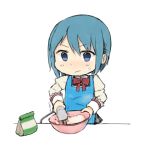  1girl apron baking blue_hair bowl chibi cooking dough hair_ornament hairclip mahou_shoujo_madoka_magica miki_sayaka school_uniform solo tsuzuya_(knt31) white_background 