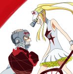  1boy 1girl ball bare_shoulders blonde_hair blue_eyes boxing_gloves boxing_headgear fukuroda_takaharu grin hakodate_omiko height_difference kill_la_kill long_hair looking_at_another racket scope sharp_teeth skirt smile sunano_sasori sweatdrop tennis_ball tennis_racket twintails visor_cap 