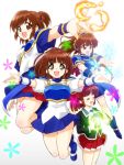  4girls :o arle_nadja armor armored_dress blazer blue_skirt brown_eyes brown_hair cape closed_eyes fire half_updo jumping madou_monogatari magic multiple_girls multiple_persona necktie outstretched_arms puyopuyo red_skirt school_uniform shirt shoes short_hair skirt smile spread_arms symbol-shaped_pupils tessai white_background wrist_cuffs 