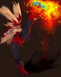  1girl abs beak blaziken blue_eyes breasts fire kicking mega_pokemon no_humans pokemon pokemon_(game) red_skin scathegrapes solo yellow_sclera 