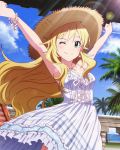  1girl ;3 \o/ armpits arms_up artist_request blonde_hair bracelet dress earrings green_eyes hat hoshii_miki idolmaster idolmaster_million_live! jewelry long_hair official_art outstretched_arms sun_hat wink 