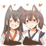  2girls akagi_(kantai_collection) animal_ears black_eyes blush brown_hair closed_eyes dog_ears dog_tail fang heart kaga_(kantai_collection) kantai_collection long_hair lowres multiple_girls open_mouth rebecca_(keinelove) short_hair side_ponytail smile sweat tail 