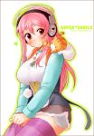  1girl blush breasts cat dressing headphones highres large_breasts long_hair nitroplus pink_eyes pink_hair smile solo super_sonico thigh-highs 