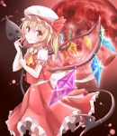  1girl ascot blonde_hair blush bow crystal flandre_scarlet hat laevatein moon night night_sky puffy_short_sleeves puffy_sleeves red_eyes red_moon ribbon short_hair short_sleeves side_ponytail skirt sky smile snowmi solo touhou vest wings 
