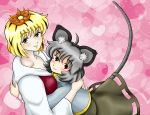  2girls animal_ears blouse blush breasts capelet dress eyebrows fingernails hair_ornament heart heart_background hug looking_at_viewer looking_up mouse_ears mouse_tail multicolored_hair multiple_girls nazrin oldschool pink_background red_eyes short_hair smile tail toramaru_shou touhou two-tone_hair xiaolong_(touhoufuhai) yellow_eyes yuri 
