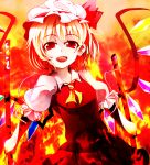  1girl ascot blonde_hair bow flandre_scarlet hat hat_bow highres kotaroukuroo mob_cap open_mouth puffy_sleeves red_eyes shirt short_sleeves skirt skirt_set solo touhou wings 