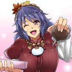  1girl :d box breasts chocolate chocolate_heart hair_ornament heart large_breasts looking_at_viewer mirror open_mouth pov_feeding purple_hair red_eyes rope shimenawa short_hair smile solo tobisawa touhou valentine wink yasaka_kanako 