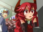  1boy 1girl borrowed_character circlet commentary_request curly_hair demon_girl demon_horns elbow_gloves food fruit gloves horns long_hair maou_beluzel original red_eyes redhead sweatdrop tissue_box watching_television watermelon yugami_gooshu yuusha_masatoshi yuusha_to_maou 